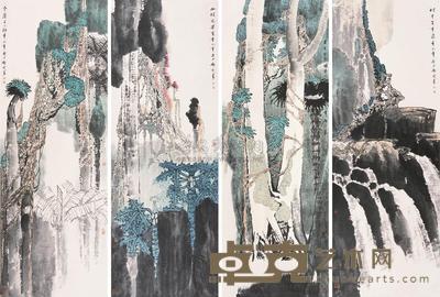 白庚延 2001年作 山水 四屏 180×65cm×4