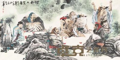 冯远 2002年作 竹林七贤图 镜片 70×137cm