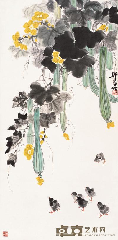 娄师白 丝瓜小鸡 立轴 138×68cm