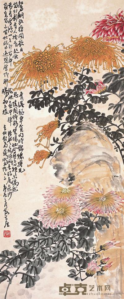 谢公展 1940年作 秋菊延年 立轴 96×40cm