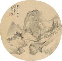 顾沄 山水 团扇片连框