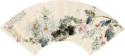 庞昭 菊花海棠 扇面