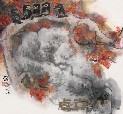 钱行健 红叶小鸟 镜心 67.5×68cm