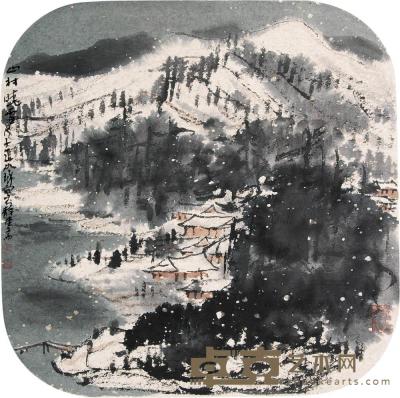 崔如琢 戊子（2008）年作 山村晓雪 镜片 41×41cm