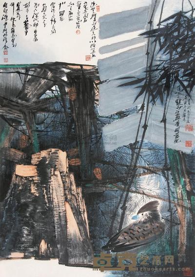 薛亮 1992年作 松竹小鸟 镜片 97.5×69cm
