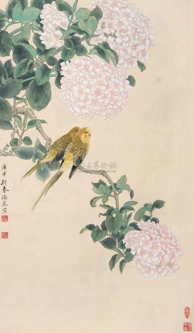 张德泉 庚申（1980）年作 繁花双鸟 立轴