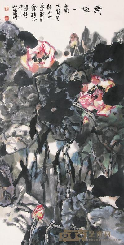 黎柱成 乙酉（2005）年作 荷塘一角 镜片 136×68cm