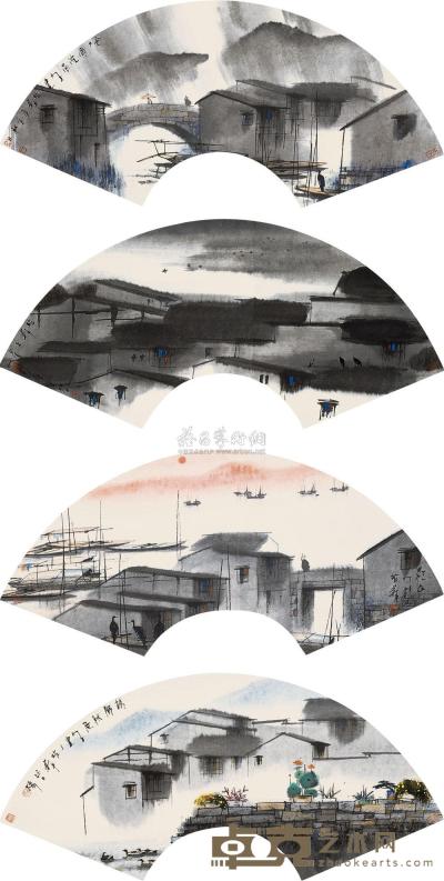 杨明义 2000年作 水乡四景 镜框 20×57cm×4