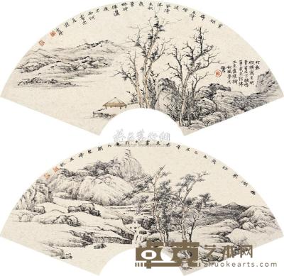 李圣峰 2009年作 山水扇面 （两帧） 镜框 21×55cm×2