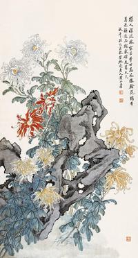 黄山寿 1918年作 菊石图 立轴