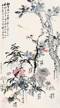 钱松喦 等 1944年作 花卉 立轴