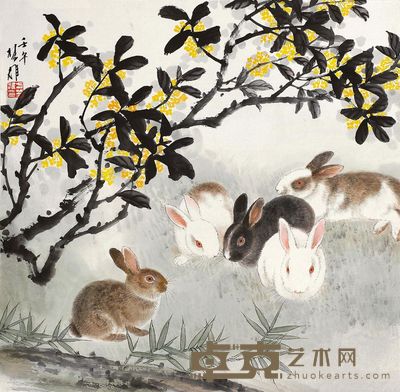 方楚雄 2002年作 桂花玉兔 镜心 68×68cm