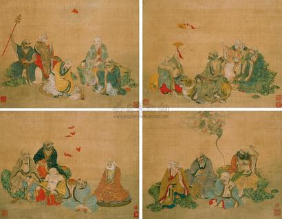 周以鸿 十八应真 四屏 立轴