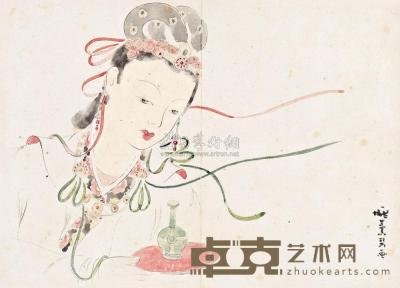 庞熏琹 约1940年作 淡彩唐代侍女 18.5×25.8cm