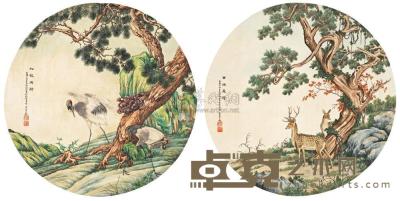 白宗魏 1927年作  松龄鹤寿·受天百禄 （二帧） 镜心 直径31.8cm×2