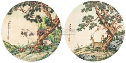 白宗魏 1927年作  松龄鹤寿·受天百禄 （二帧） 镜心