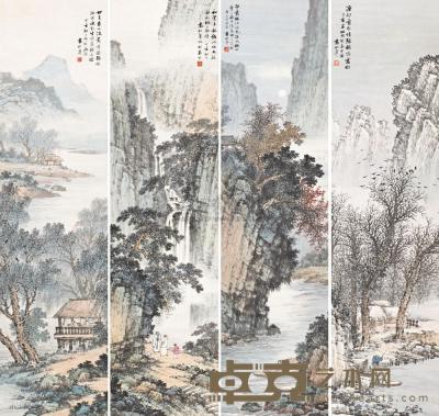 袁松年 1947年作  四季山水 （四帧） 四屏 143×37.5cm×4