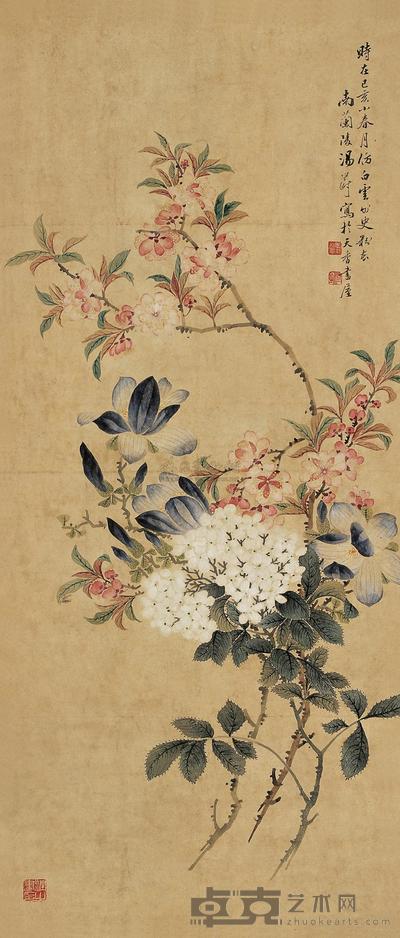 汤世澍 1899年作 花卉 立轴 79×34cm