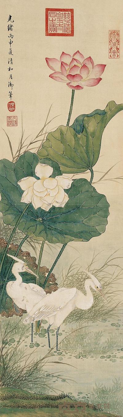慈禧太后 1896年作 荷花白鹭 立轴 133.5×39cm