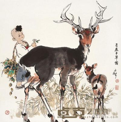 李延声 2011年作 灵鹿丰草图 镜心 68×68cm