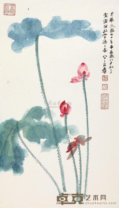 张大千 1981年作 荷花 镜心 72×42cm