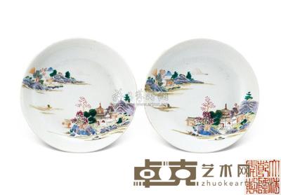 清 粉彩山水人物盘 (二件) 直径15.3cm