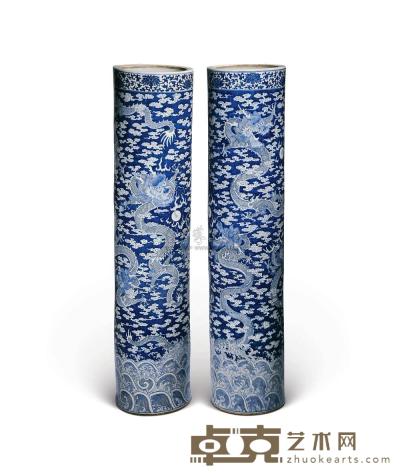 清 青花海水云龙纹筒式瓶 （二件） 高112.5cm