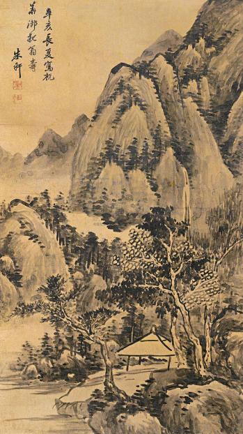 朱轩 辛亥（1671年）作 夏山茅亭 镜心