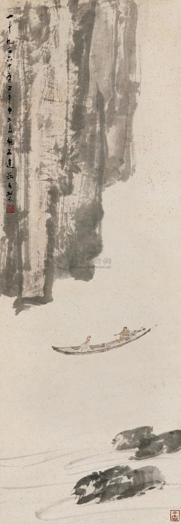 傅抱石 1962年作 泛舟图 立轴