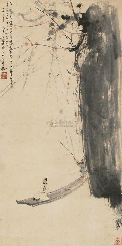 傅抱石 1962年作 春江泛舟 立轴