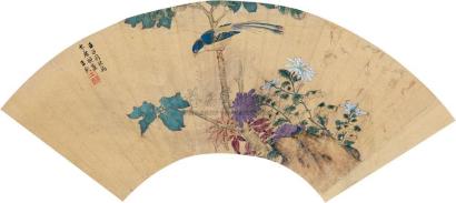 王武 1672年作 秋菊寿带 镜框（扇片）