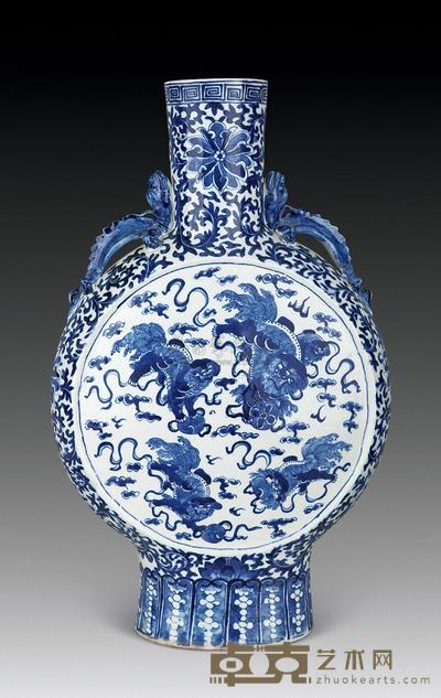 清同治 青花狮纹双耳扁瓶 高45cm