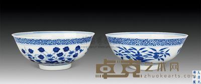 清光绪 青花折枝花卉纹碗 （一对） 直径14.5cm
