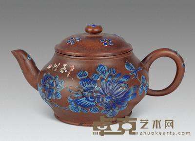 清 紫砂加彩花卉壶 长19cm