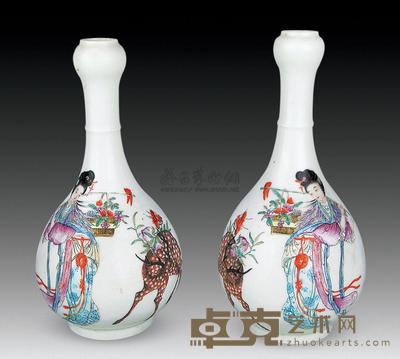 民国 粉彩仕女蒜头瓶 （一对） 高21.5cm