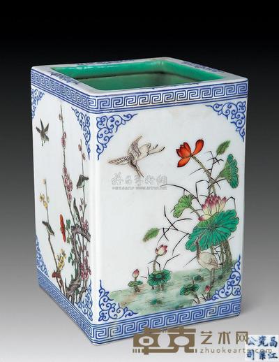 民国 粉彩花鸟方笔筒 高15cm