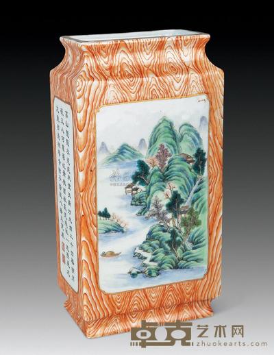 民国 粉彩木纹釉山水诗文方瓶 高23.5cm