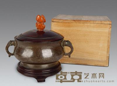 清 铜嵌银丝“石叟”款香炉 长13cm