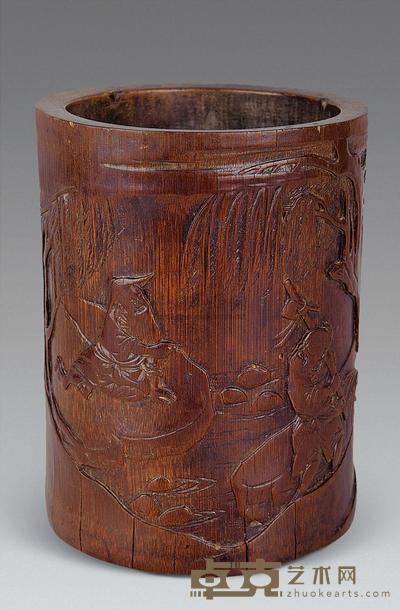 清 竹刻人物笔筒 高14.5cm