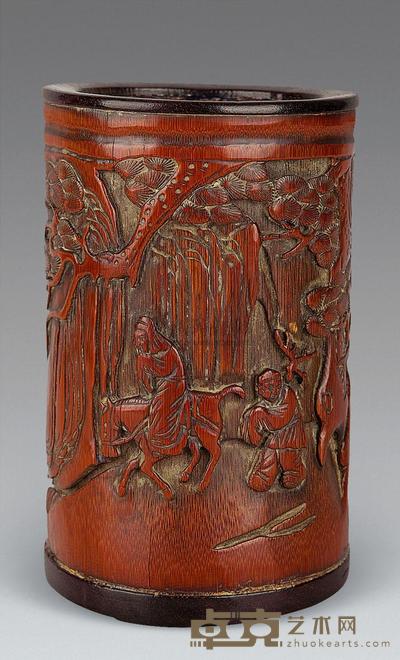 清 竹刻人物笔筒 高14.3cm