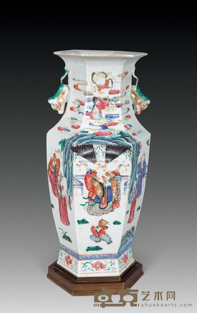 清同治 粉彩六角人物瓶 高37.5cm