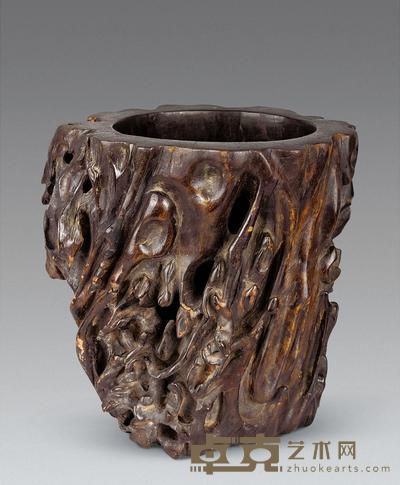 清 黄花梨根雕大笔海 高29.2cm