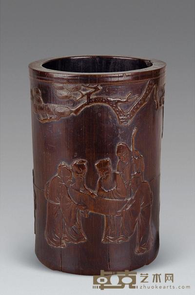 清 竹雕人物笔筒 高15.4cm