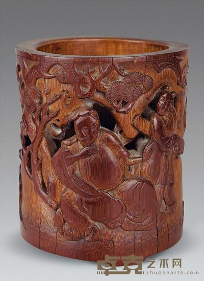 清 竹刻人物笔筒 高14.5cm
