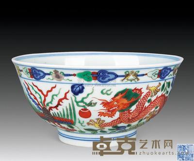 清乾隆 青花五彩龙凤纹碗 直径13cm