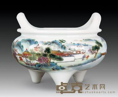 民国 粉彩山水香炉 直径12.5cm