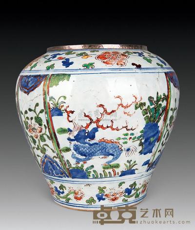 清 青花五彩麒麟纹罐 高29.7cm