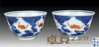 清宣统 青花红彩云蝠碗 （一对） 直径9.5cm