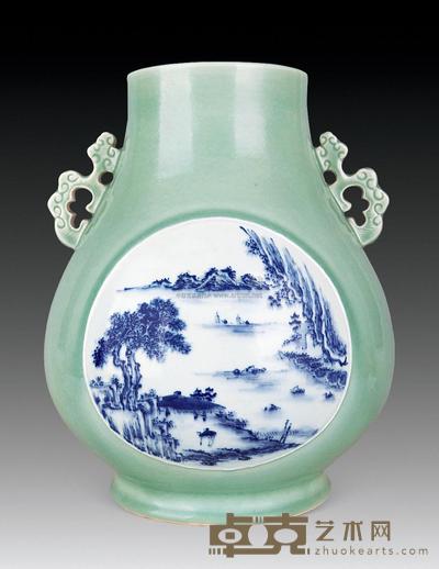 民国 豆青青花山水尊 高32.6cm