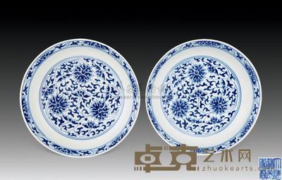 清道光 青花缠枝花卉盘 (一对) 直径15.5cm